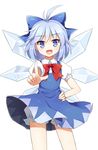  :d ahoge bad_id bad_pixiv_id bloomers blue_eyes blue_hair bow cirno dress fang hair_bow hand_on_hip mauve open_mouth pointing short_hair simple_background smile solo touhou underwear white_background wings 