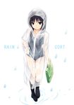 bag black_hair boots coffee-kizoku engrish hood long_hair one-piece_swimsuit original raincoat ranguage rubber_boots school_bag school_swimsuit see-through shiramine_rika smile solo swimsuit swimsuit_under_clothes typo water_drop 