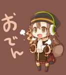  :d bag beanie brown_background brown_eyes brown_hair chibi earmuffs food gloves hat holding long_hair lowres open_mouth original ran_system simple_background skirt smile solo tail translated 