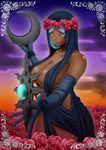  azura breasts crescent dark_skin elbow_gloves flower gloves large_breasts no_bra outstretched_hand ranchuu_(akamusume) red_flower red_rose rose the_elder_scrolls the_elder_scrolls_v:_skyrim yellow_eyes 