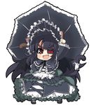  :d animal_ears black_hair black_umbrella chibi dress eyepatch fang gothic_lolita lolita_fashion mirai_(senran_kagura) open_mouth red_eyes rikumaru senran_kagura senran_kagura_shoujo-tachi_no_shin'ei simple_background smile tail umbrella v-shaped_eyebrows white_background 