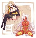  arai_kuma bad_id bad_pixiv_id bandages bare_shoulders black_legwear blonde_hair blue_eyes breasts chin_rest cleavage collar crossed_legs eiyuu_senki enkidu_(eiyuu_senki) gauntlets gilgamesh_(eiyuu_senki) large_breasts long_hair looking_at_viewer multiple_girls pink_hair red_skin sitting sketch smile thighhighs wariza yellow_eyes 