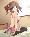  apron ass bad_id bad_pixiv_id bed black_legwear breasts brown_eyes brown_hair endou_chihiro from_behind idolmaster idolmaster_cinderella_girls large_breasts naked_apron short_hair sideboob sitting solo thighhighs totoki_airi twintails window 