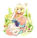  ao_no_exorcist apron barefoot bird blonde_hair blush bob_cut bug butterfly dirt dirty dirty_feet face flower garden green_eyes insect japanese_clothes kimono looking_at_viewer moriyama_shiemi nature open_mouth smile solo yuru_(kyg719) 