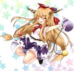  alcohol bad_id bad_pixiv_id balancing belt blonde_hair bow chain closed_eyes cuffs cup floral_background gourd hair_bow hair_tie horn_ribbon horns ibuki_suika jumping legs_up long_hair object_on_head open_hand open_mouth outstretched_arms ribbon sakazuki sake scarlet_0915 shackles shirt sidelocks skirt sleeveless sleeveless_shirt solo touhou very_long_hair white_background wrist_cuffs 