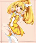  absurdres blonde_hair blush boots bow choker cure_peace double_v hair_flaps highres kise_yayoi long_hair looking_at_viewer magical_girl ok-ray open_mouth orange_choker precure shorts shorts_under_skirt skirt smile_precure! solo v wrist_cuffs yellow yellow_bow yellow_eyes yellow_shorts yellow_skirt 