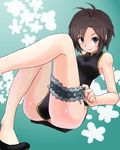  ahoge ass bad_anatomy black_hair china_dress chinese_clothes dress garters idolmaster idolmaster_(classic) kikuchi_makoto meteors no_panties purple_eyes shoes short_hair sitting smile solo 