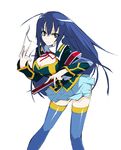  armband blue_hair blue_legwear breasts brown_eyes fan hamasin2424 kurokami_medaka large_breasts long_hair medaka_box school_uniform smile solo thighhighs zettai_ryouiki 