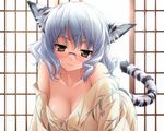  animal_ears catgirl cleavage glasses gray_hair hashimoto_takashi japanese_clothes no_bra original tail yukata 