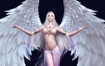  3d angel bikini blonde_hair breasts cleavage forsaken_world highres jewelry jpeg_artifacts large_breasts large_wings long_hair midriff navel necklace outstretched_arms parted_lips see-through sillia solo swimsuit underboob wings znz 