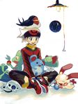  aron bandana crescent_moon food fruit gen_2_pokemon gen_3_pokemon gloves holding lamp marill moiko moon plusle pokemon pokemon_(creature) pokemon_(game) pokemon_rse ralts simple_background smile tail taillow tegaki treecko yuuki_(pokemon) 