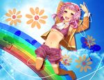  alternate_color alternate_hair_color blush breasts goggles goggles_on_head gumi headphones highres jacket jumping megpoid_(vocaloid3) midriff navel open_mouth piku_(rilaedo) pink_eyes pink_hair rainbow short_hair shorts skirt small_breasts smile solo thighhighs underboob vocaloid 