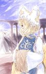  blush bridge daro fox_tail hands_in_opposite_sleeves hat highres mountain multiple_tails sketch solo tail touhou yakumo_ran 