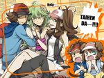  3boys bag bare_legs bare_shoulders baseball_cap blue_eyes brown_eyes brown_hair denim denim_shorts english green_eyes green_hair hat inukai_(g_a) jacket kyouhei_(pokemon) mei_(pokemon) multiple_boys multiple_girls n_(pokemon) pokemon pokemon_(game) pokemon_bw pokemon_bw2 raglan_sleeves ribbon romaji shorts surprised touko_(pokemon) touya_(pokemon) vest visor_cap wristband you_gonna_get_raped 