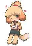 &lt;3 :3 animal_crossing anthro barefoot bell blonde_hair blush brown_eyes canine clothing dog english_text female foxlett full_body fur hair happy holding_object isabelle_(animal_crossing) jacket jingle_bell looking_at_viewer mammal miniskirt nintendo one_eye_closed open_mouth paper pencil_skirt shih_tzu shirt short_hair simple_background skirt smile solo standing text topknot video_games white_background wink yellow_fur 