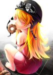  absurdres bakemonogatari barefoot blonde_hair colored_eyelashes doughnut fangs food goggles helmet highres long_hair monogatari_(series) mouth_hold oshino_shinobu pastry_box pon_de_ring red_eyes reio_reio sitting solo strap_slip 