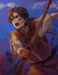  angry bad_id bad_pixiv_id bandana black_hair blood blue_background gensou_suikoden gensou_suikoden_i halu-ca male_focus open_mouth shirt solo staff tir_mcdohl yellow_eyes 