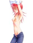  blush bonnie_(rsg) breasts denim hino_kahoko jeans la_corda_d'oro long_hair nipples no_panties one_eye_closed pants red_hair simple_background small_breasts topless undressing unzipped yellow_eyes 