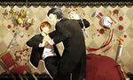  ^_^ argyle argyle_background asurafkmt bad_id bad_pixiv_id black_hair blood brown_background brown_hair candle caster_(fate/zero) chandelier closed_eyes cup dancing drinking_glass fate/zero fate_(series) formal knife lace_border male_focus multiple_boys scalpel suit table uryuu_ryuunosuke wine_glass 