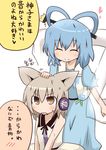  ^_^ bad_id bad_pixiv_id bare_shoulders blue_dress blue_hair brown_eyes brown_hair closed_eyes dress earmuffs hair_ornament hair_ribbon hair_stick himegi kaku_seiga multiple_girls petting ribbon shawl short_hair smile touhou toyosatomimi_no_miko translation_request vest 