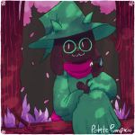  &lt;3 2018 5_fingers ambiguous_gender anthro black_fur border caprine clothed clothing cookie deltarune detailed_background digital_media_(artwork) eating empty_eyes eyewear floppy_ears flower food fully_clothed fur glasses goat green_clothing green_hat hat holding_food holding_object lancer_cookie leaves looking_away mammal outside petals petite-pumpkin pink_scarf plant portrait ralsei robe scarf shadow signature sitting smile solo tree video_games white_border white_eyes witch_hat 