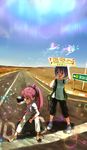  backpack bag binoculars blue_eyes blue_hair bow bug butterfly cardboard casual drink hair_bow highres hitchhiking hood hoodie insect mahou_shoujo_madoka_magica miki_sayaka multiple_girls ponytail red_eyes red_hair road road_sign sakura_kyouko shoes shorts sign sweat tera_l 