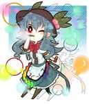  bad_id bad_pixiv_id blue_hair blush bottle bow bubble_blowing bubble_pipe dress food fruit hat highres hinanawi_tenshi itomugi-kun long_hair one_eye_closed peach red_eyes shirt skirt solo touhou younger 