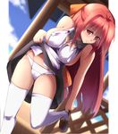  bad_id bad_pixiv_id bare_shoulders blush breasts cleavage highres large_breasts long_hair original panties red_eyes red_hair skirt skirt_lift solo thighhighs umakatsuhai underwear white_legwear white_panties 