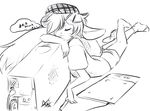  black_and_white clothing computer english_text fluffy_tail hair hat leaning lying monochrome pc plain_background sleeping socks tablet text white_background 