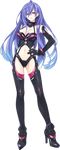  ahoge armpits bangs bare_shoulders black_bodysuit black_gloves blue_hair bodysuit bracer breasts cleavage cleavage_cutout d: dominatrix earrings ears elbow_gloves eyebrows_visible_through_hair full_body gloves gradient_hair groin hair_between_eyes halterneck hand_on_hip high_heels highres iris_heart jewelry kami_jigen_game_neptune_v legs_apart long_hair looking_at_viewer magical_girl medium_breasts midriff multicolored_hair navel neptune_(series) official_art open_mouth parted_lips pink_eyes revealing_clothes solo standing symbol-shaped_pupils thighhighs transparent_background tsunako turtleneck very_long_hair 