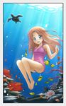  bad_id bad_pixiv_id barefoot blue_eyes blush bubble coral fish freediving hau-teck highres long_hair ocean one-piece_swimsuit original red_hair rock sea_turtle swimming swimsuit turtle underwater water 