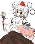  animal_ears black_gloves detached_sleeves fan fingerless_gloves folding_fan gloves glowstick hachimi hat inubashiri_momiji open_mouth pom_pom_(clothes) red_eyes ribbon shirt short_hair silver_hair simple_background skirt smile solo tail tokin_hat touhou white_background wolf_ears wolf_tail 