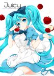  alice_in_musicland_(vocaloid) apple aqua_eyes aqua_hair bow dress food fruit hair_bow hatsune_miku juna long_hair solo thighhighs twintails very_long_hair vocaloid white_legwear wrist_cuffs zettai_ryouiki 