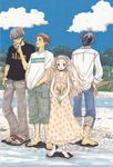  3boys absurdres anklet back barefoot beach cloud day dress feet flower glasses grass grey_hair hanamoto_hagumi hand_in_pocket highres honey_and_clover jewelry long_hair long_sleeves mayama_takumi morita_shinobu multiple_boys outdoors sandals sky standing takemoto_yuuta tree umino_chika water 