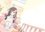  bad_id bad_pixiv_id bed bed_sheet blanket blush brown_hair clothes_hanger green_eyes hands_on_own_knees kneehighs komi_zumiko light_smile long_hair no_shoes original pillow ribbon scarf school_uniform serafuku sitting skirt smile socks solo stuffed_animal stuffed_toy teddy_bear wavy_hair 