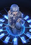  baggy_pants blue_eyes death_note hair_twirling male_focus near pants robbuz solo squatting white_hair 