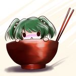  blush bowl chibi green_hair kisume looking_at_viewer open_mouth oversized_object short_hair solid_circle_eyes solo touhou yume_shokunin 