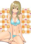  :o bikini blonde_hair breasts brown_eyes cherry cleavage food front-tie_top fruit large_breasts long_hair muffin_(sirumeria) navel original shiny shiny_skin sitting skindentation solo strawberry swimsuit 