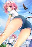  ass blush buruma day demon_tail from_behind gym_shorts gym_uniform highres kneepits leaning_forward long_hair looking_back momo_velia_deviluke multiple_girls nana_asta_deviluke panties panties_under_buruma pantylines partially_visible_vulva pink_hair pink_panties purple_eyes short_hair shorts siblings sisters sky tail third-party_edit to_love-ru to_love-ru_darkness twins twintails underwear yabuki_kentarou 