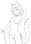  arkaid black_and_white breasts cane cat collar feline female hair invalid_tag lagomorph looking_at_viewer mammal monochrome nipples nude smile solo 