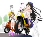  ahenn akiyama_mio armpit_peek black_eyes black_hair brown_eyes brown_hair ground_vehicle helmet k-on! motocompo motor_vehicle motorcycle multiple_girls panties perspective scooter short_hair striped striped_panties tainaka_ritsu tears translated underwear 