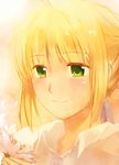  ahoge artoria_pendragon_(all) blonde_hair blush fate/zero fate_(series) feesh flower green_eyes hair_ribbon ribbon saber solo 