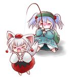  &gt;_&lt; animal_ears blue_hair chibi closed_eyes fang fishing fishing_rod highres holding holding_fishing_rod inubashiri_momiji kawashiro_nitori multiple_girls open_mouth simple_background tail touhou two_side_up white_background white_hair wolf_ears wolf_tail yume_shokunin 