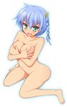  barefoot blue_hair blush braid breasts copyright_request covering embarrassed ero-god green_eyes groin highres medium_breasts navel nipples nude open_mouth short_hair single_braid sitting solo wariza 