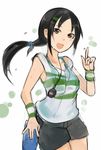  :d black_eyes black_hair hair_ornament hairclip idolmaster idolmaster_cinderella_girls long_hair nerotarou@seven one_eye_closed open_mouth ponytail rookie_trainer shorts smile solo stopwatch tank_top trainer_(idolmaster) watch wristband 