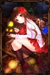  black_legwear blue_flower blue_rose border flower hair_flower hair_ornament highres ib ib_(ib) kneehighs loafers long_hair looking_at_viewer lying on_side red_eyes red_flower red_hair red_rose rose school_uniform shoes skirt swordsouls yellow_flower yellow_rose 