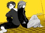  bad_id bad_pixiv_id black_hair copyright_name gold_(pokemon) looking_at_viewer multiple_boys pokemon pokemon_(game) pokemon_hgss silver_(pokemon) smile yellow_background yue-es 