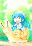  blue_hair chibi coupy_pencil_(medium) dress gofu hat leaf mini-ikamusume minigirl open_mouth shinryaku!_ikamusume smile snail solo tentacle_hair traditional_media 