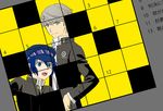  1girl androgynous blue_eyes blue_hair cabbie_hat crossdressing crossword_puzzle grey_eyes grey_hair hat narukami_yuu persona persona_4 reverse_trap school_uniform shirogane_naoto short_hair torii_(chika) 