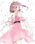  ass back backless_dress backless_outfit brown_eyes brown_hair dress hair_ornament hairpin looking_back no_panties nyanyacchi petals pink_dress puffy_sleeves reala see-through short_hair solo tales_of_(series) tales_of_destiny_2 very_short_hair white_background 